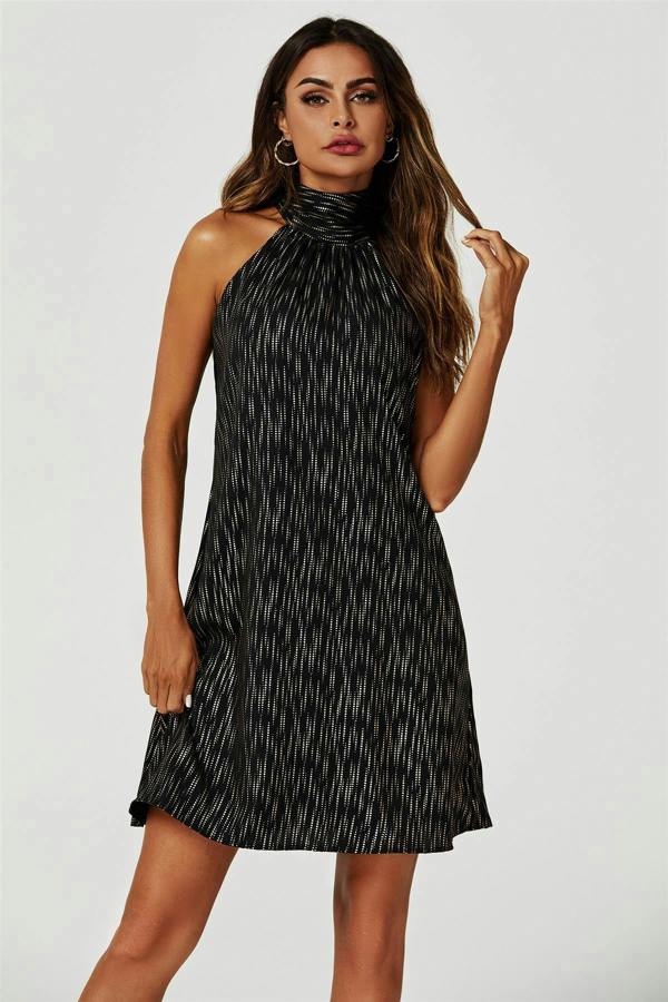 FS Collection Gold Foil Halter Neck Tie Back Mini Dress In Black