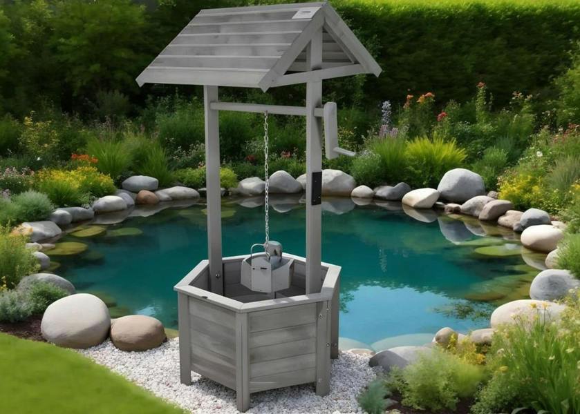 Gr8 Garden Rustic Grey Wooden Wishing Well Planter Bucket Flower Pot Garden Patio Ornament