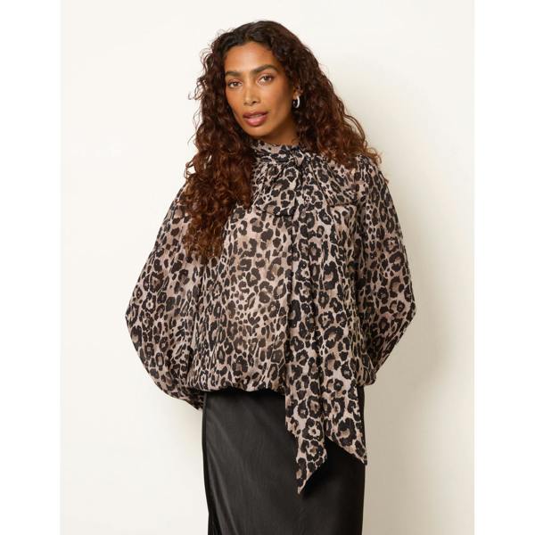 Blue Vanilla Leopard Diamante Tie Neck Puffball Blouse
