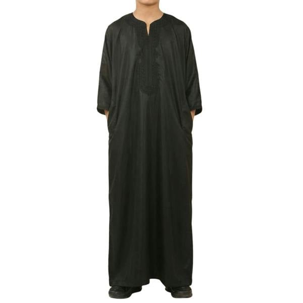 Boy's Moroccan Thobe Half Sleeve Gandoura Embroidery Kaftan - Black - Thobez - 28
