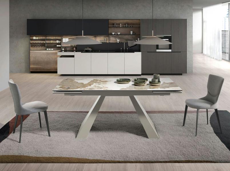 Angel Cerdá Rectangular extending dining table in porcelain marble and taupe grey steel 1124
