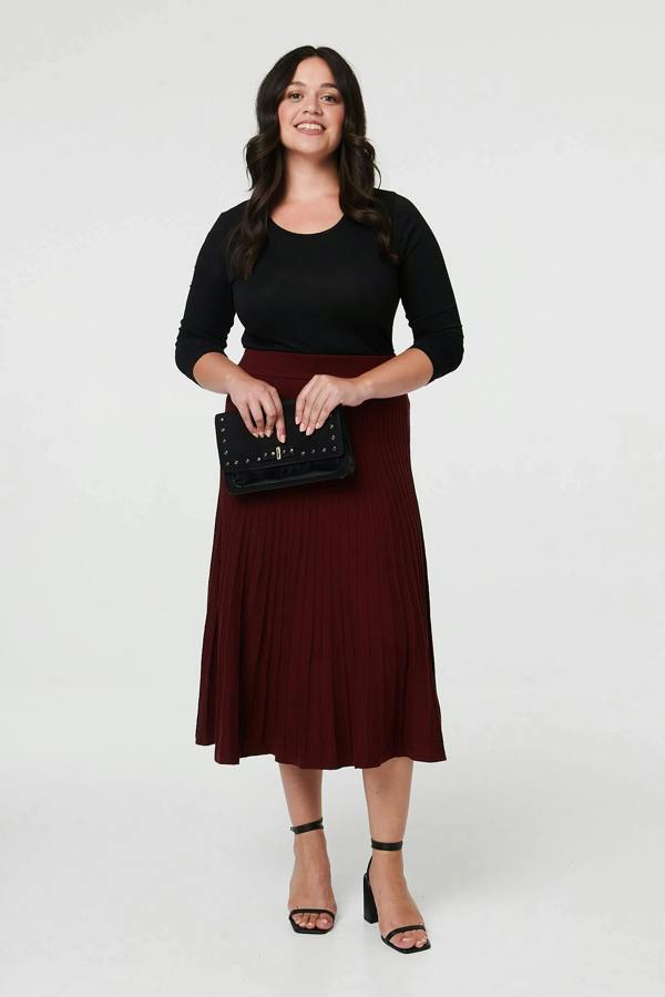 Red | Curve High Waist Pleated Knit Midi Skirt