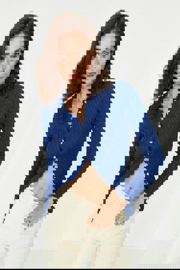 WOVCOR Mercerized Look Ribbed Polo Neck Knit Cardigan