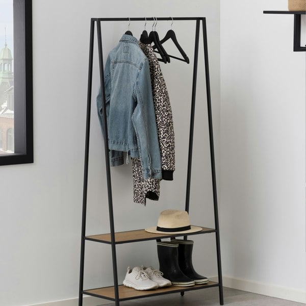 Furniture To Go Seaford Black Metal Clothes Rack with 2 Oak Shelves