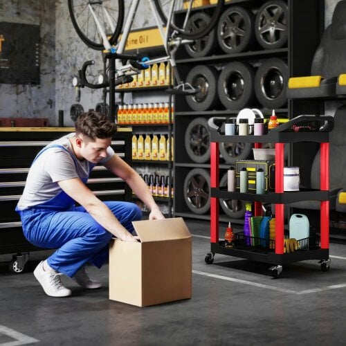 Bobobiy 3-Tier Rolling Tool Cart, Plastic Mobile Service Utility Cart with Handles for Garage, Mechanics and Warehouse, 91kg Capacity, Black and Red