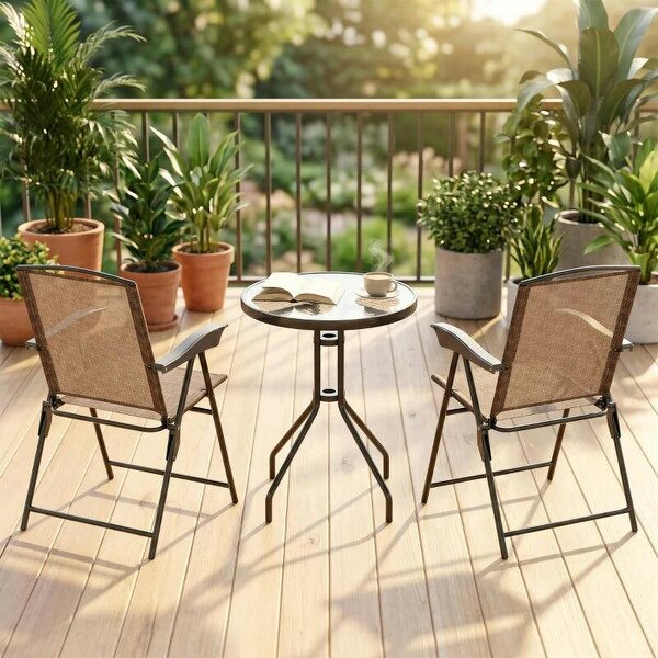 3 Piece Outdoor Bistro Set, Patio Conversation Furniture Set with 2 Folding Backrest Adjustable Armchairs and Glass Top Coffee Table, Brown
