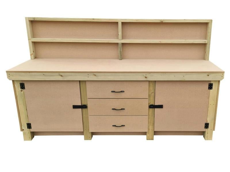 Arbor Garden Solutions Wooden work bench with drawers and double lockable cupboard (V.8) with back panel