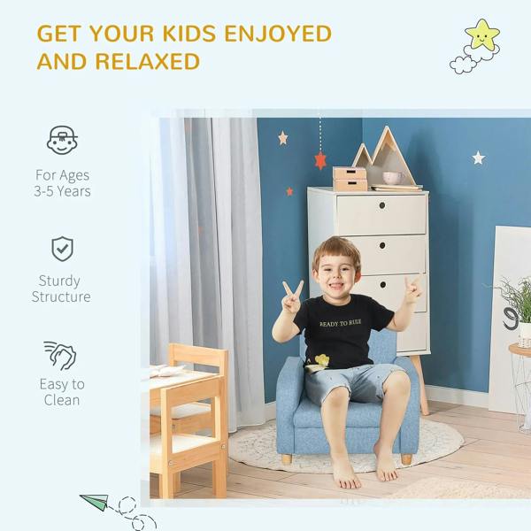 Blue toddler armchair with high back and armrests, wooden legs visible