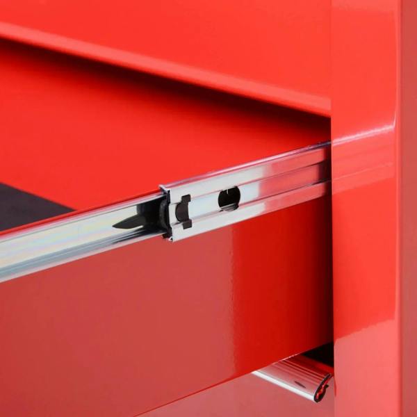 Red tool chest locking latch and drawer slide rail detail