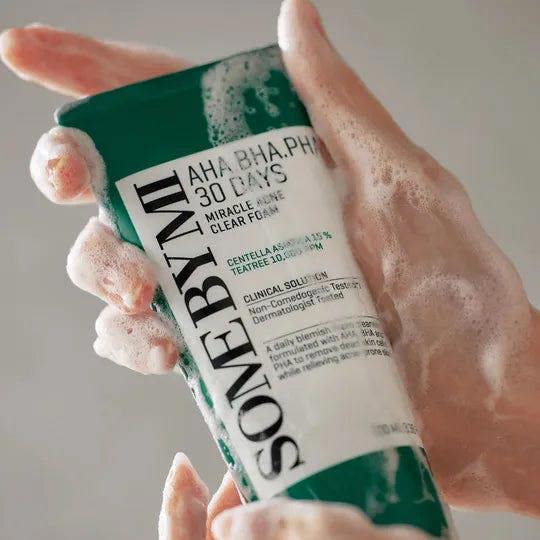 Rich, medicated lather of Some By Mi Acne Clear Foam – Travel-size 50ml Korean cleanser for calming troubled skin at Atelier De Glow UK.