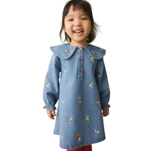 Cath Kidston Girls Butterfly Denim Embroidered Long-Sleeved Dress - Blue