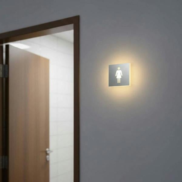 LED female toilet sign mounted on the wall next to the entrance door for a toilet area 
