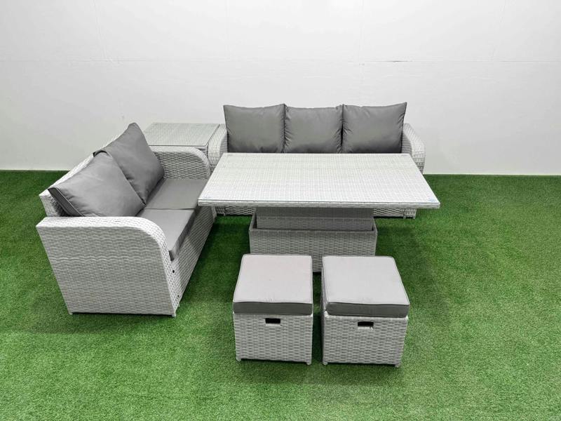 Fimous 7 Seater PE Rattan Wicker Garden Set, Conservatory Patio, Adj Height Table, 3 Seater Sofa, Love Sofa, 2 Stools and Side Table, Light Grey