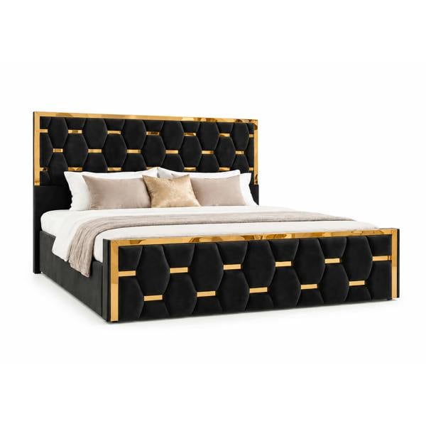 Paradise Beds Luxury Gold Trim Upholstered Bed Frame with Designer Tufted Headboard & Ottoman