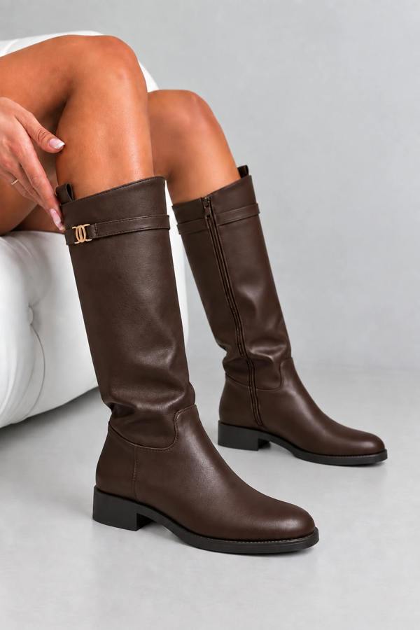 Love Lemonade Elodie Luxe Buckle Trim Leather Look Zip Up Knee High Boots Coffee Brown