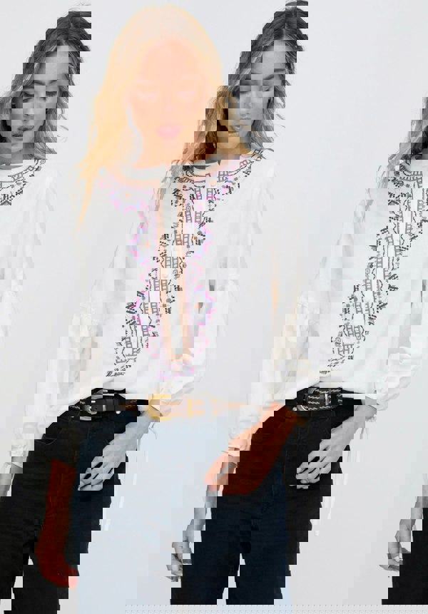 Woman wearing a white blouse with intricate embroidery on a plain background