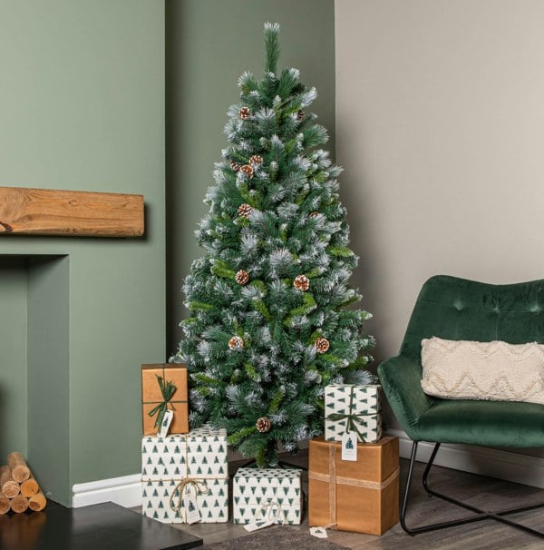 Samuel Alexander 6ft (1.8m) Frosted Glacier Pine Snow Tipped Christmas Tree with Pine Cones and 710 Tips