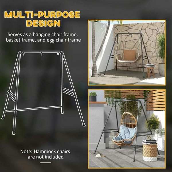 Black metal hanging chair stand, multi-purpose frame shown without hammock