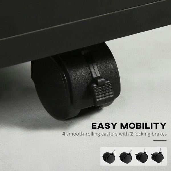 Black caster wheel with locking brake on the base of a mobile filing cabinet