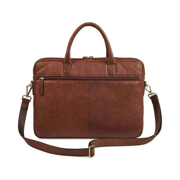 Brown leather briefcase with shoulder strap on a white background