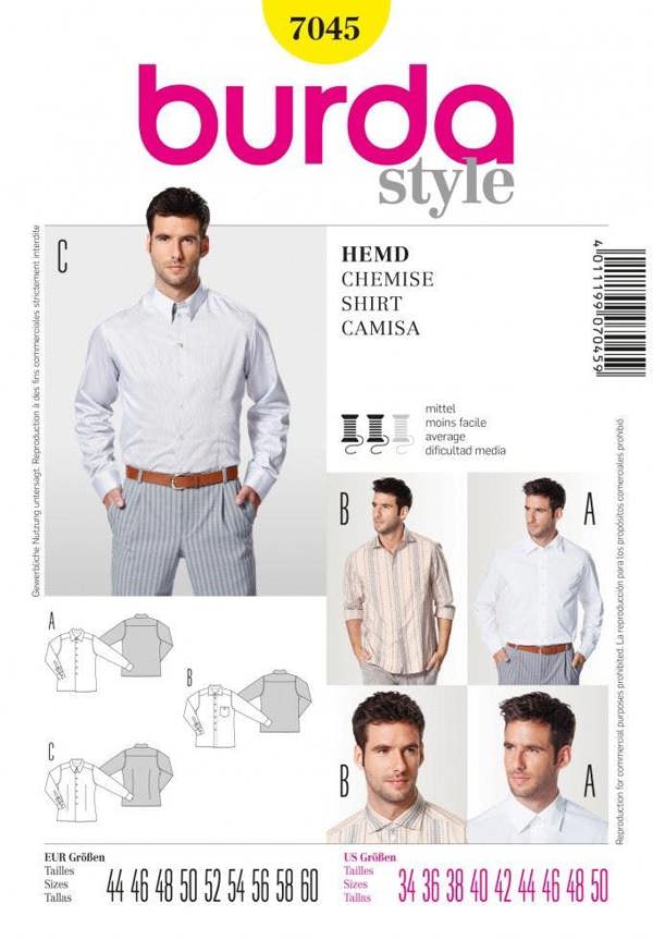 Burda Sewing Pattern 7045 Shirts For Men, 34 to 50 - Intermediate