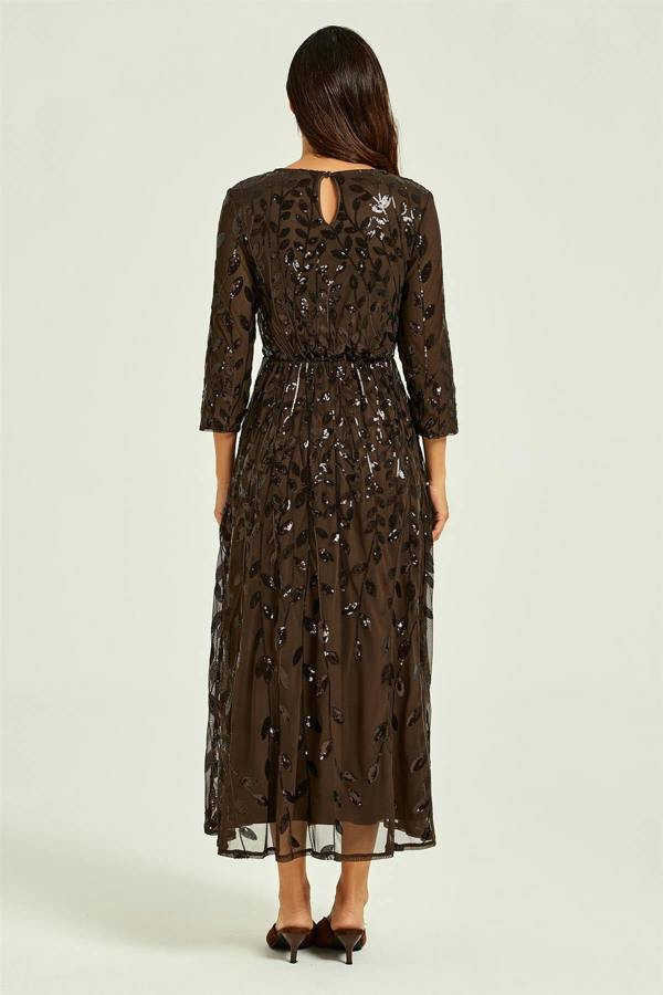 FS Collection Sequin Leaf 3/4 Sleeve Bridesmaid Midi Dress In Brown