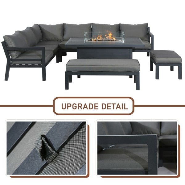 Furniture One Outdoor Gas Fire Pit 8 Seater Dining Table Set, Corner Sofa with Soft Cushions & 2 Benches