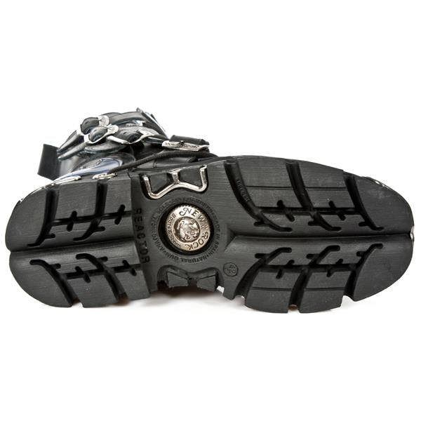 New Rock Unisex Black/Blue Leather Gothic Biker Skull Boots-107-C5