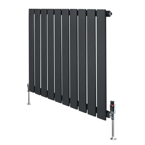 Flat single column radiator in anthracite grey, featuring sleek vertical panels and chrome valves, ideal for modern interiors