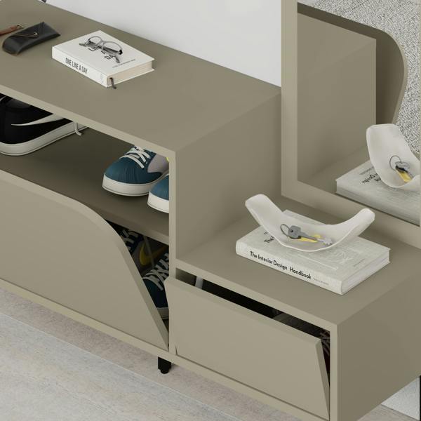 Decortie Modern Mila Coat Stand Set with Mirror and 2-Door Shoe Cabinet with 5 Metal Hooks Hanger 1.72(H)cm