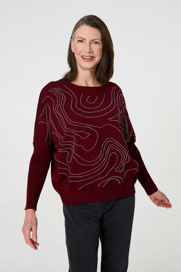 Red | Diamante Detail Batwing Sleeve Jumper
