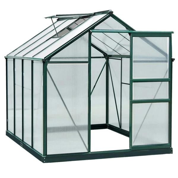 Dark green walk-in greenhouse with clear polycarbonate wall panels and side window frame