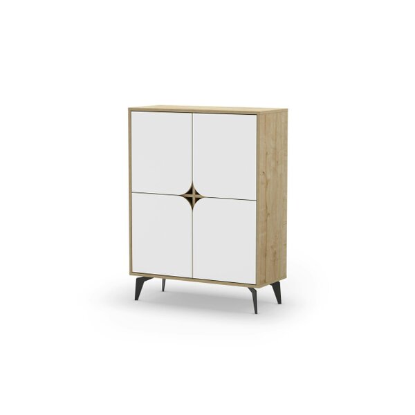 Decortie Modern Spark Cabinet 4-Doors Storage Engineered Wood Display Unit with Black Metal Legs 90(W)cm Oak