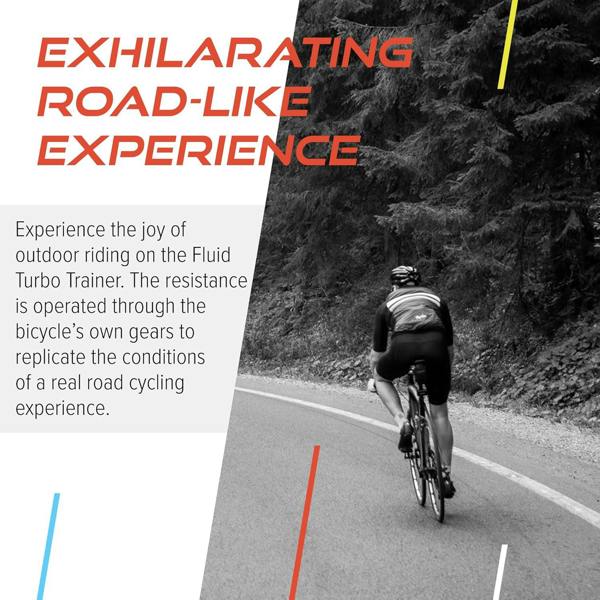 Black Velo Pro Fluid Turbo Trainer showcasing a cyclist on a winding road, emphasizing outdoor riding experience and resistance features