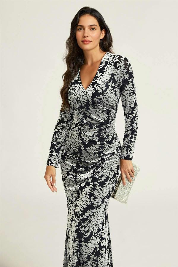 FS Collection Silver Floral Velvet Devore Long Sleeve Wrap Midi Dress In Black