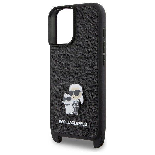 Karl Lagerfeld Saffiano Karl & Choupette Metal Pin Crossbody Strap Case for iPhone 16 6.1" Black - KLHCP16SSAKCPBK