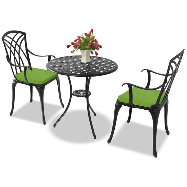 Centurion Supports OSHOWA Luxurious Garden and Patio Table and 2 Large Chairs with Armrests Cast Aluminium Bistro Set - Black with Green Cushions