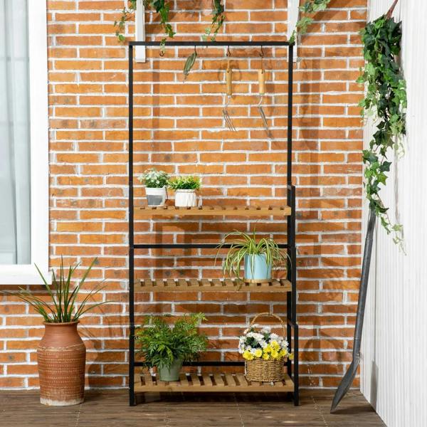 3-tier plant stand with hanging hooks, black metal frame with potted flowers and herbs