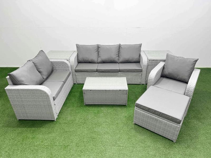 Fimous 7 Seater Wicker Patio Set, PE Rattan, Coffee Table, Reclining Chair, Loveseat, 3 Seater Sofa, 2 Big Footstools and Side Table, Light Grey