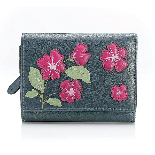 Pia Floral Leather Purse, Fuchsia Appliqué Navy Leather Wallet with Card