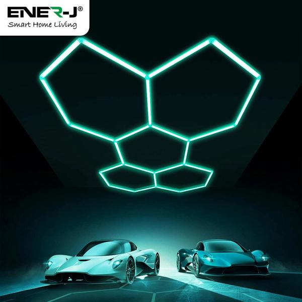 Ener-J 150W Hexagon RGB LED Garage Ceiling Light, 5 Hexagon Design, Remote Control, 24 T5 Tubes Showroom Kit