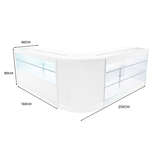 White Hera LED Shop Counter Set featuring sleek glass shelves, modern curved design, and dimensions of 150cm x 90cm x 60cm