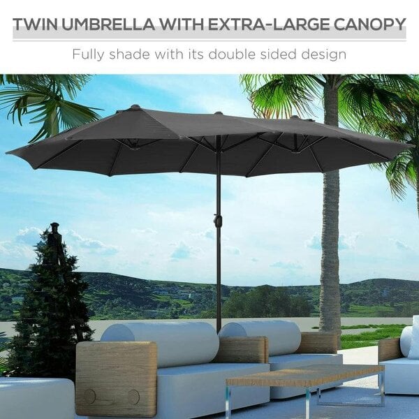 Bobobiy 4.6M Sun Umbrella Canopy Double-sided Crank Sun Shade w/ Cross Base Grey