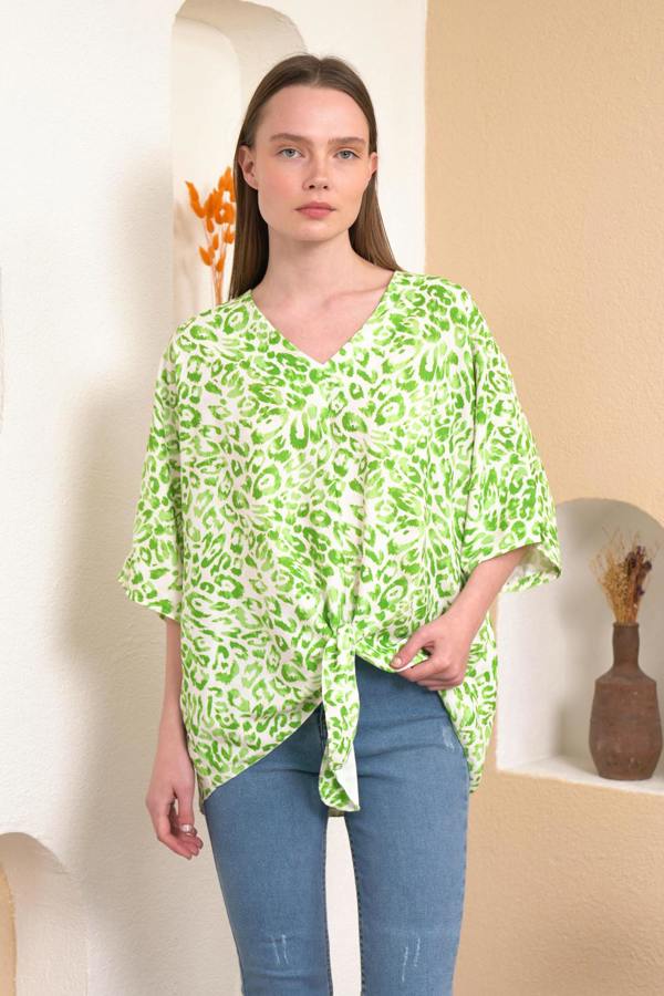 Hoxton Gal Oversized V Neck Leopard Printed Tie Detailed Top with 3/4 Sleeves in Green