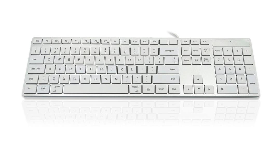 Accuratus 301 Apple MAC USB Type C - USB Type C Wired Full Size Apple Mac Multimedia Keyboard with White Square Tactile Keys and Silver Case