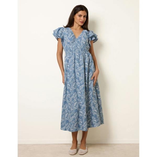 Blue Vanilla V Neck Flutter Midi Dress