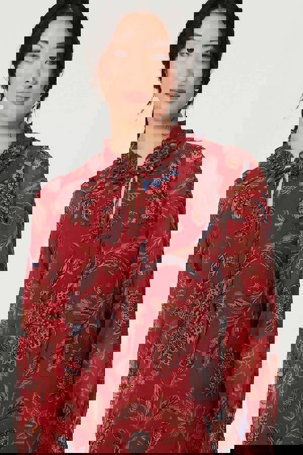 Red | Floral Frill High Neck Relaxed Blouse