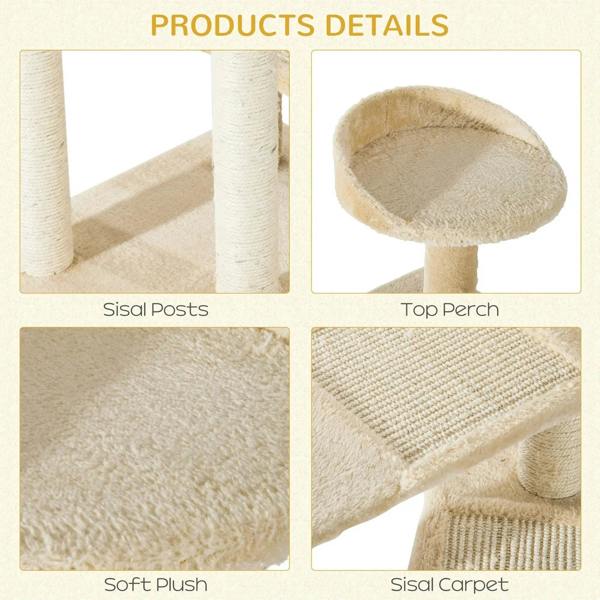 Beige plush cushions and sisal carpet scratch panels on cat tree perches