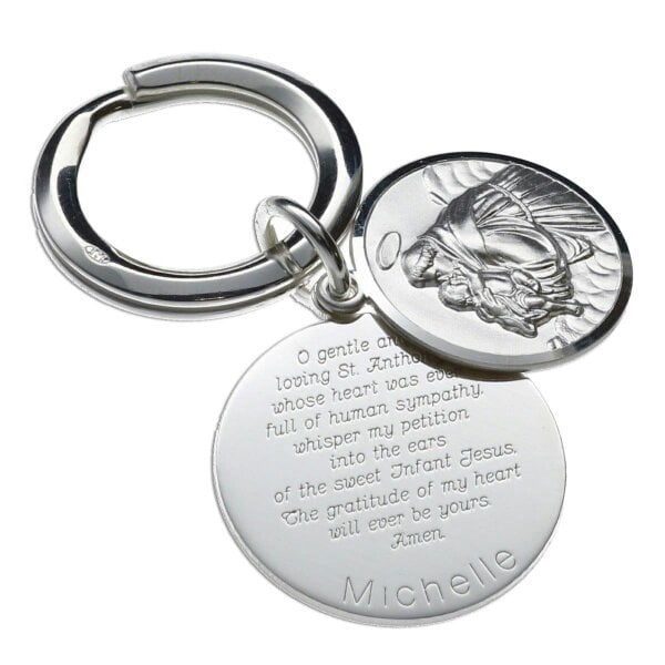 Christopher James of London Sterling Silver Personalised Round St Anthony Keyring With St Anthony Prayer