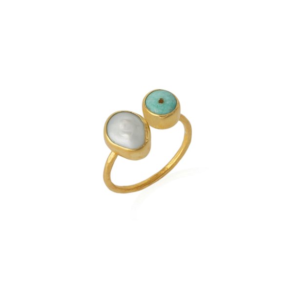 Spero London Double Natural Gemstone Adjustable Sterling Silver Turquoise Ring